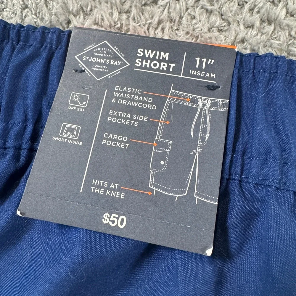 St John's Bay Mens Swim Shorts 4XLT Blue Cargo Pocket 11 Inseam UPF 50+ NEW